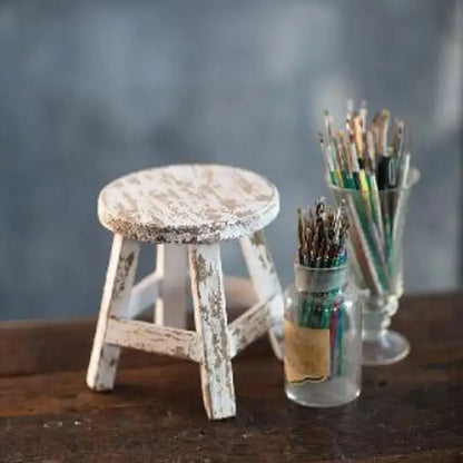 MINIATURE ANTIQUE WHITE WOODEN STOOL