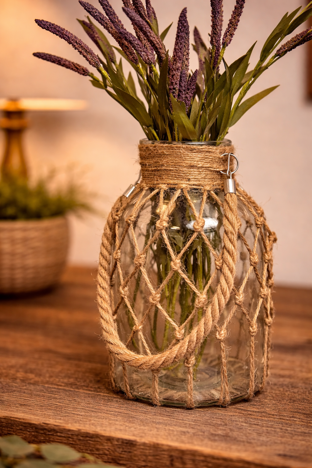 Vintage Hand-woven Mesh Pocket Hanging Glass Vase
