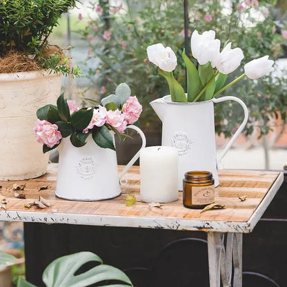 Vintage Style Rustic White Metal Flower Pitcher Vase