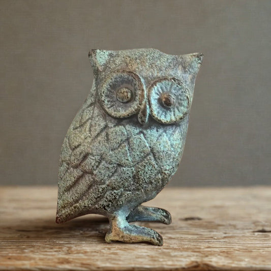 Cast Iron Owl in Antique Green, Blue Rustic Finish