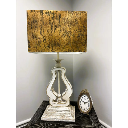 DISTRESSED WOOD TABLE LAMP WITH METAL SHADE