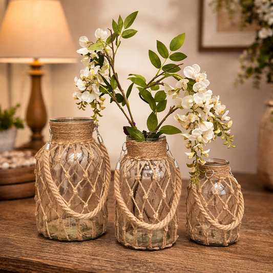 Vintage Hand-woven Mesh Pocket Hanging Glass Vase