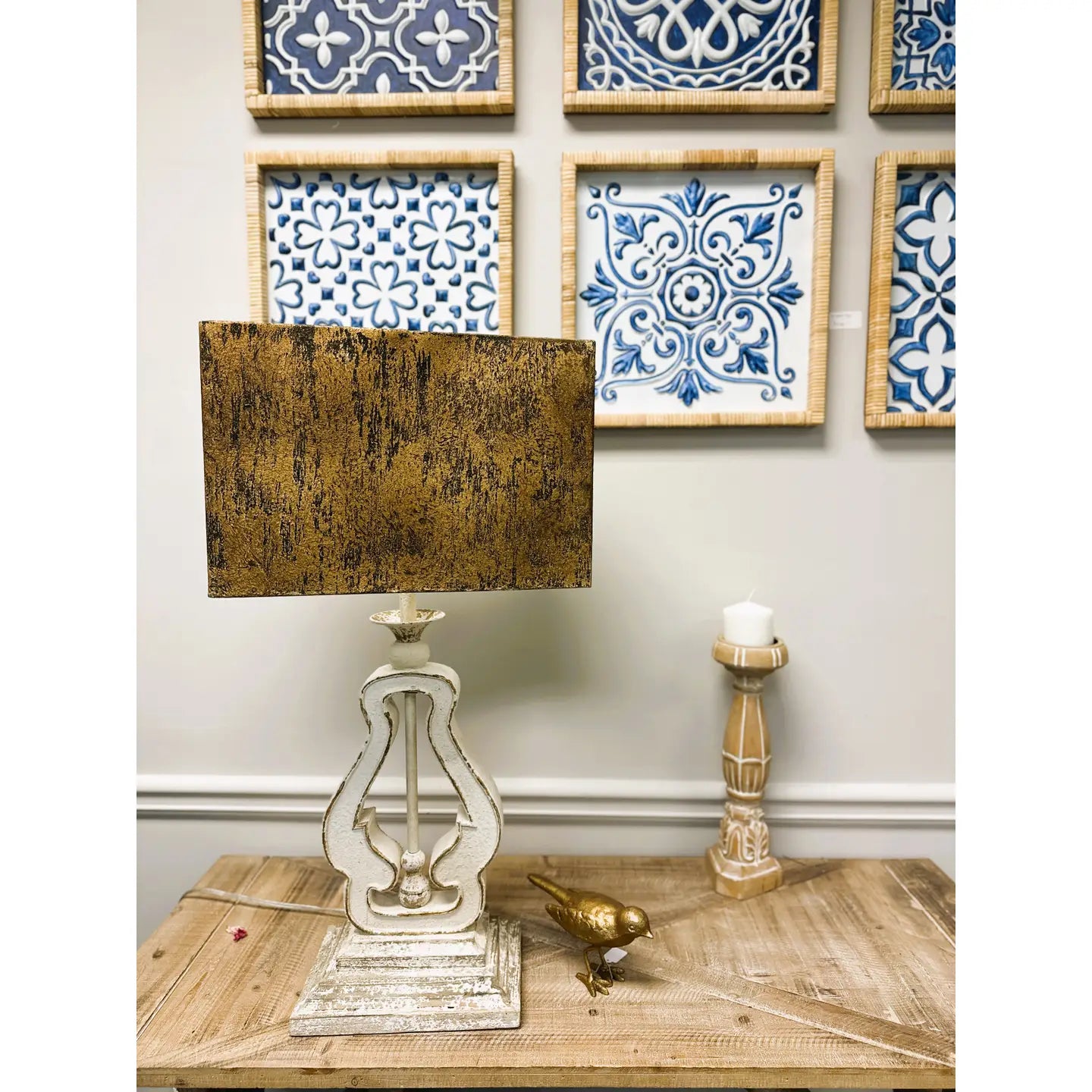 DISTRESSED WOOD TABLE LAMP WITH METAL SHADE