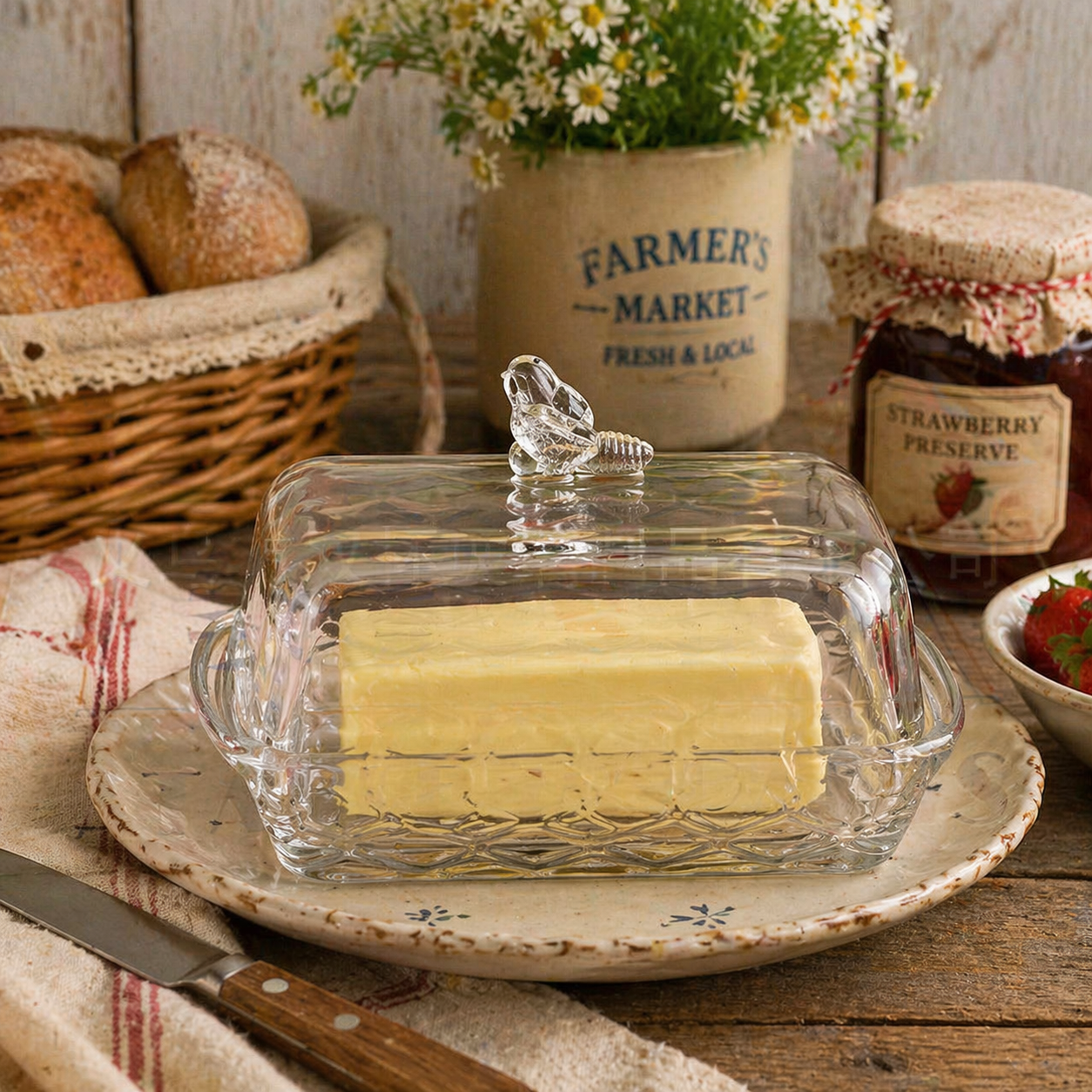 Cut Glass Butter Dish with Bird Knob Lid