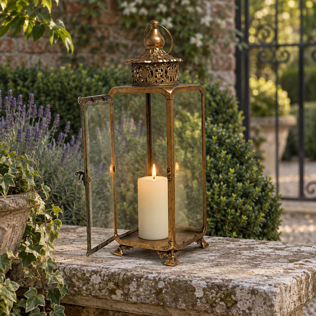 Brass-Finish Glass Decorative Lantern