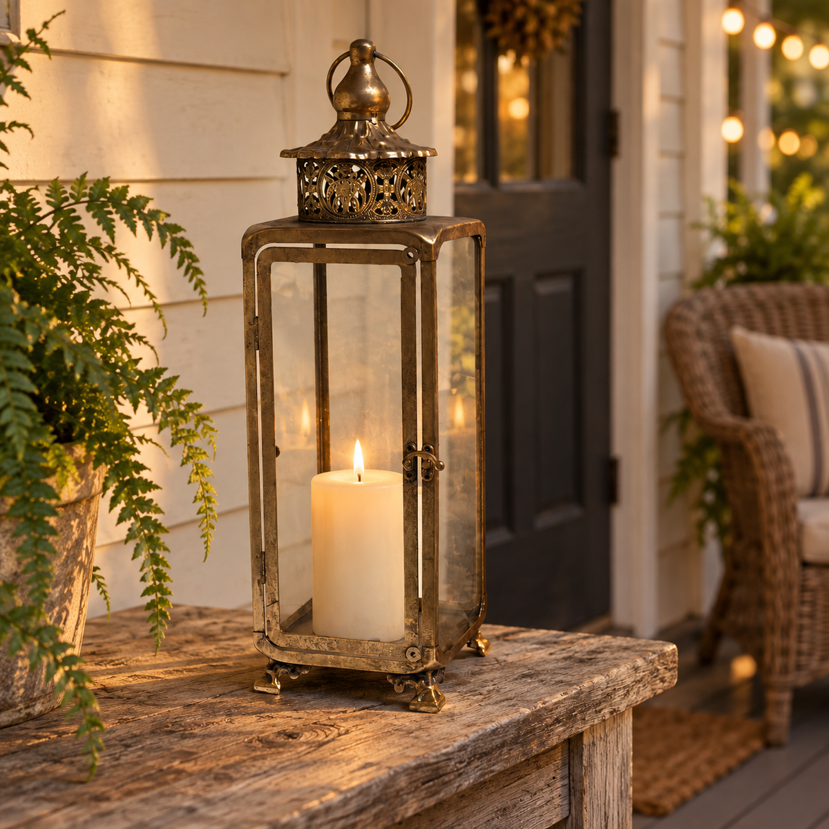 Brass-Finish Glass Decorative Lantern