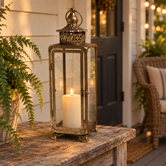 Brass-Finish Glass Decorative Lantern