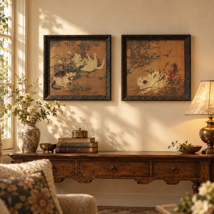 Vintage Style  Cat Botanical Framed Wall Art