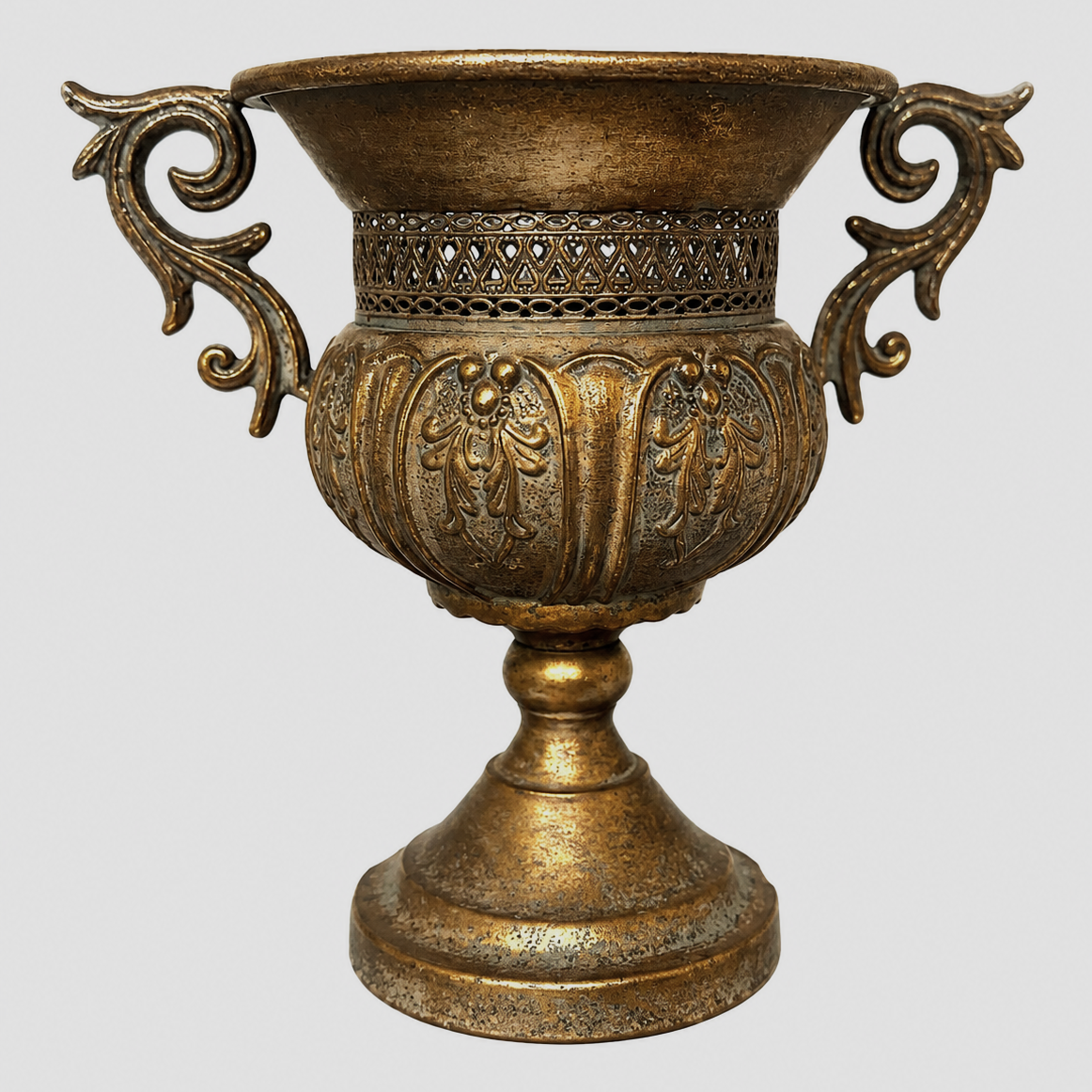 Distressed Pedestal Urn Planter with Ornate Scroll Handles