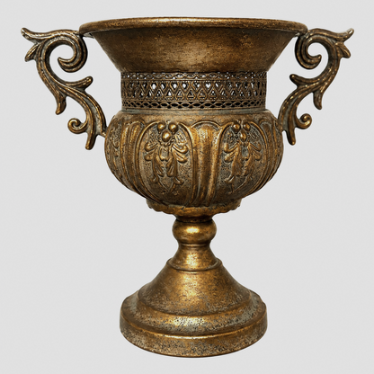 Distressed Pedestal Urn Planter with Ornate Scroll Handles