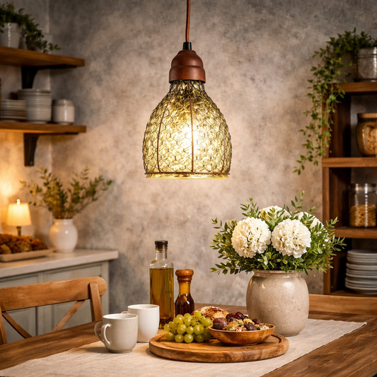 Chicken Wire and Glass Pendant