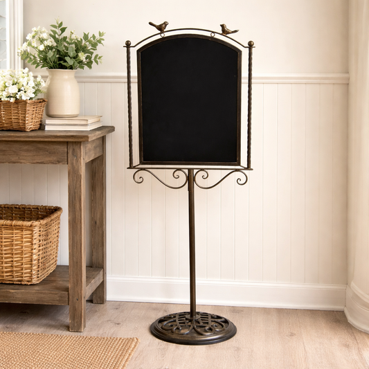 Metal Pedestal Chalkboard with Bird Accents
