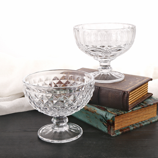 Embossed Glass Dessert Cups with Pedestal Base