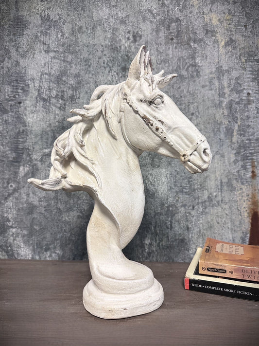 Distressed White Horse Head Bust Sculpture