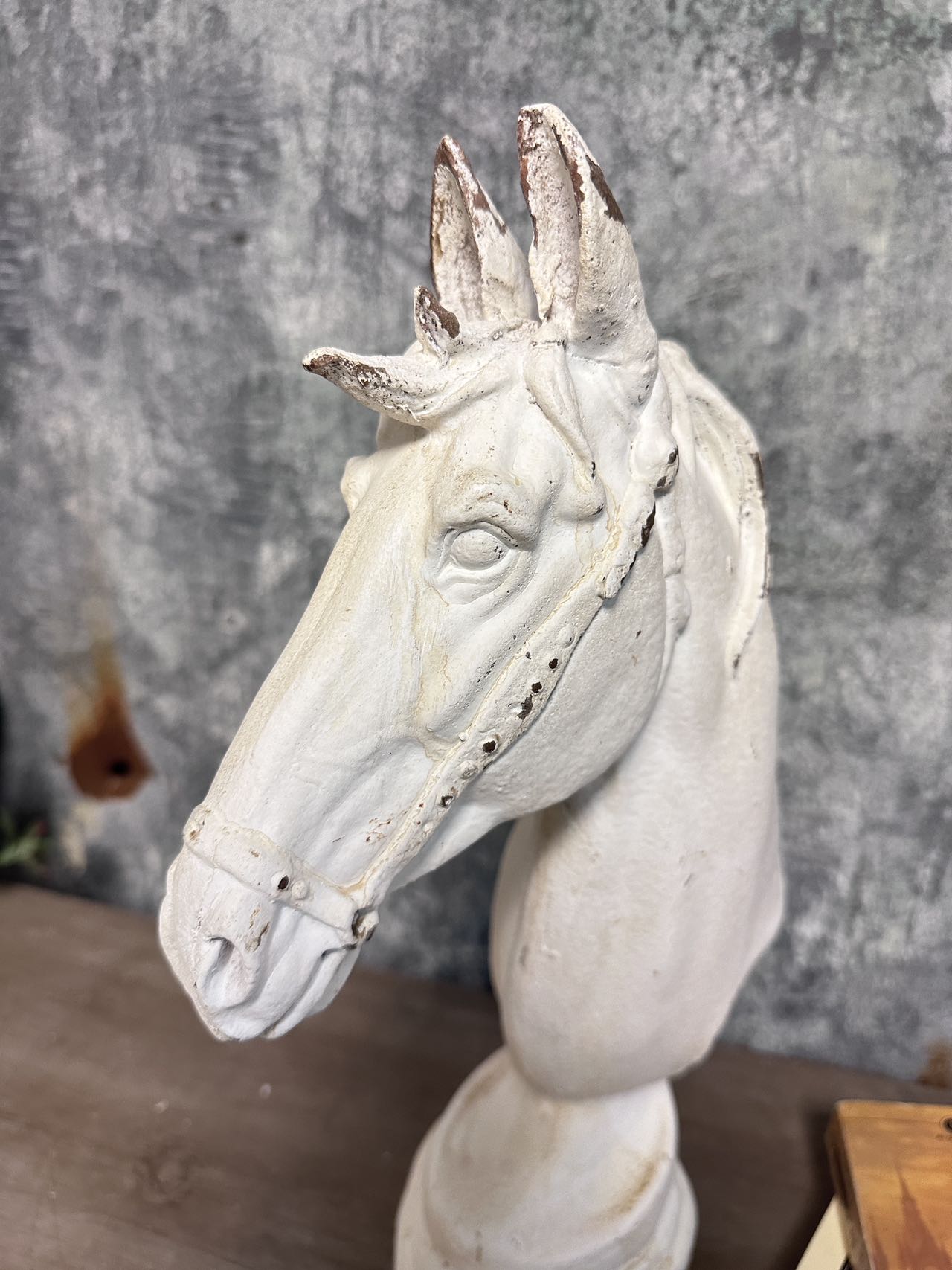 Distressed White Horse Head Bust Sculpture