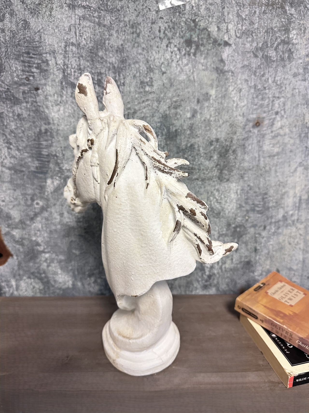 Distressed White Horse Head Bust Sculpture
