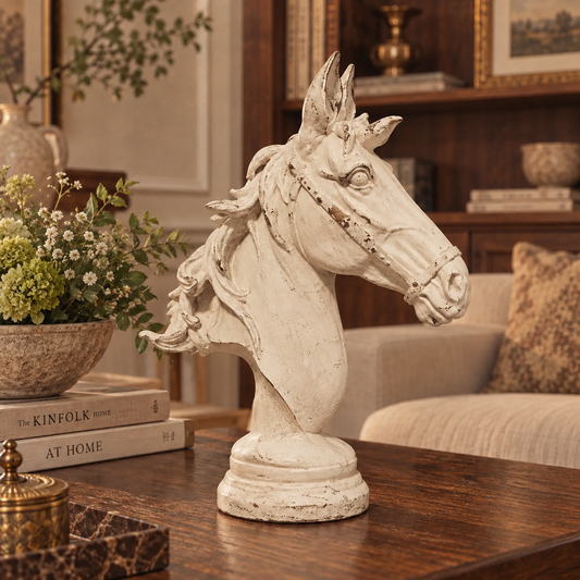 Distressed White Horse Head Bust Sculpture