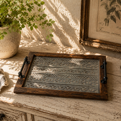 Vintage-Style Wooden Tray with Glass Bottom- set of 2