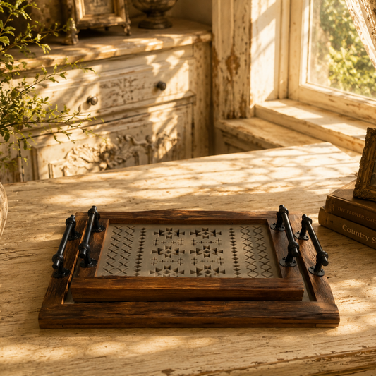 Vintage-Style Wooden Tray with Glass Bottom- set of 2