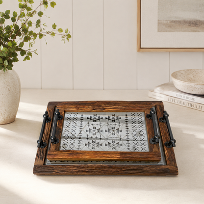 Vintage-Style Wooden Tray with Glass Bottom- set of 2