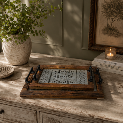 Vintage-Style Wooden Tray with Glass Bottom- set of 2