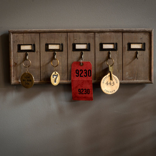 Wooden 5-Key Rack with Brass Tags