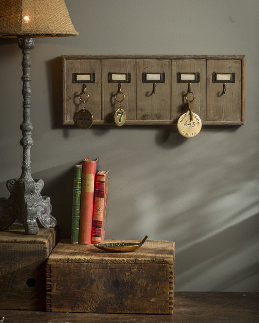 Wooden 5-Key Rack with Brass Tags