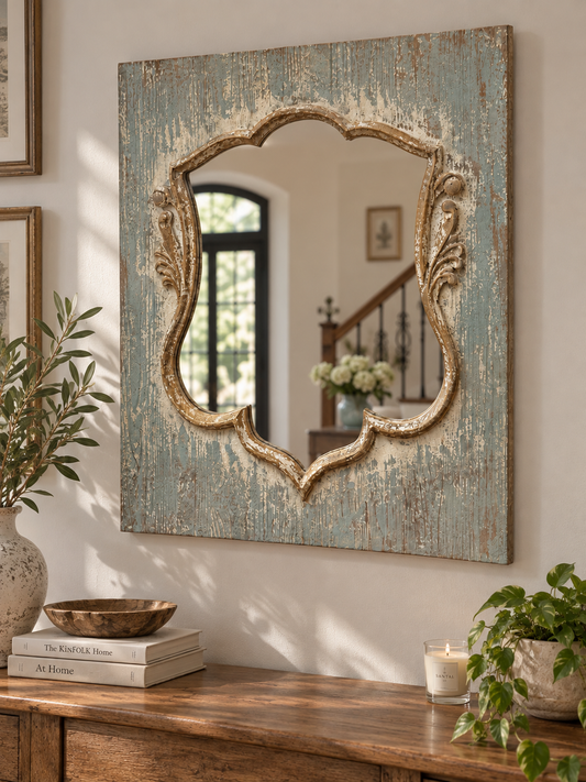 Distressed Wood Shield Mirror
