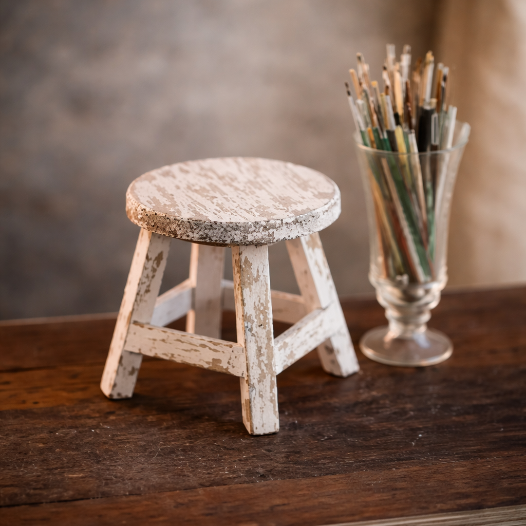 MINIATURE ANTIQUE WHITE WOODEN STOOL