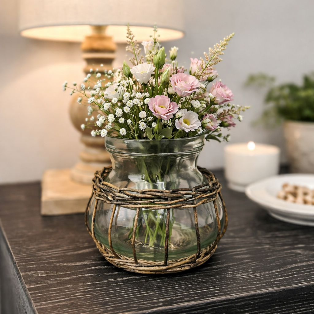 Glass Vase with Wicker Base