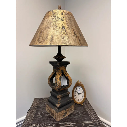 Black DISTRESSED WOOD TABLE LAMP WITH ROUND METAL SHADE