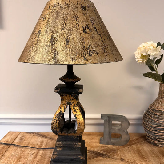 Black DISTRESSED WOOD TABLE LAMP WITH ROUND METAL SHADE