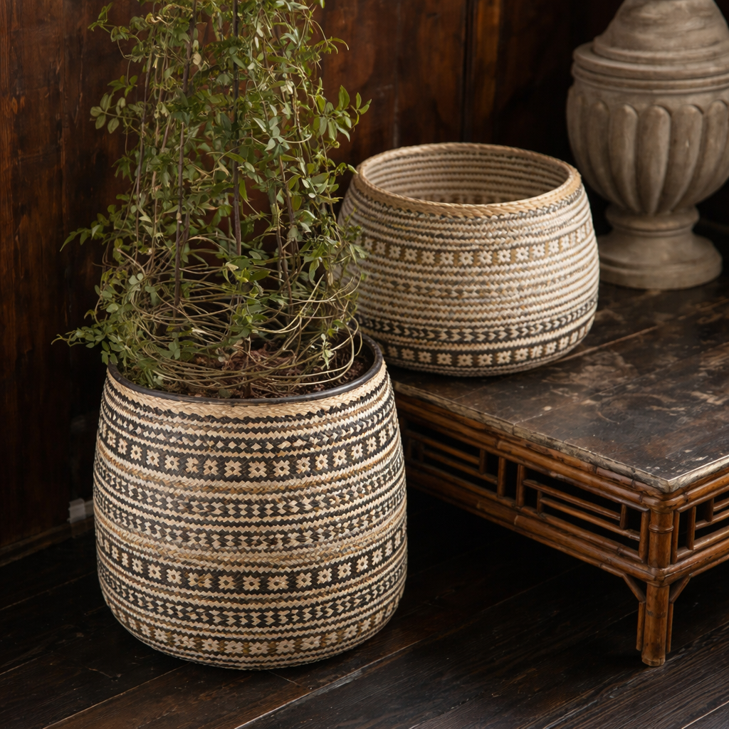 Handwoven Cylinder Basket in Black & Natural Seagrass