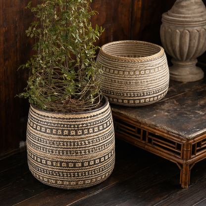 Handwoven Cylinder Basket in Black & Natural Seagrass