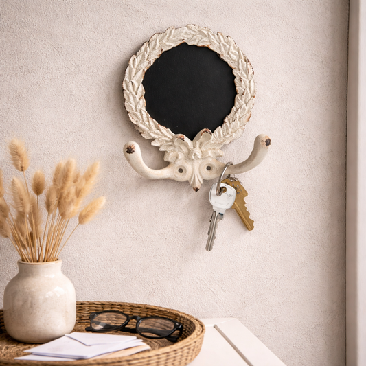 PEWTER WALL HOOK IN ANTIQUE WHITE FINISH
