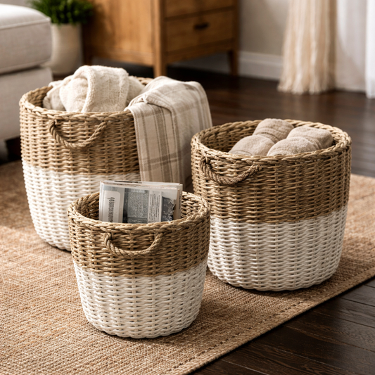 Set Of 3 Round Willow Baskets Dipped White